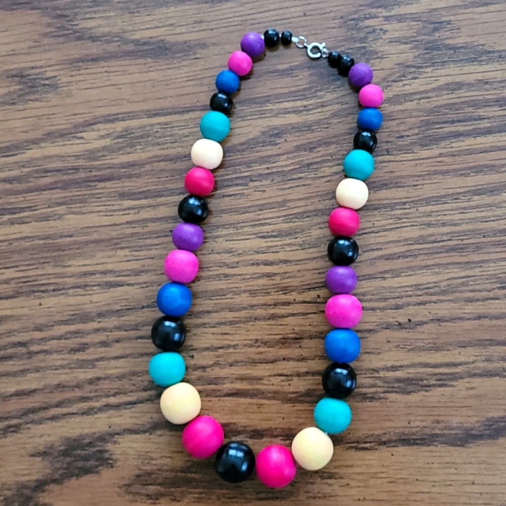 Vintage Chunky Necklace - Rainbow Wooden Beads - 80s